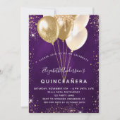 Quinceanera lila Gold Glitzer Ballons Luxus Einladung (Vorderseite)