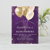 Quinceanera lila Gold Glitzer Ballons Luxus Einladung (Stehend Vorderseite)