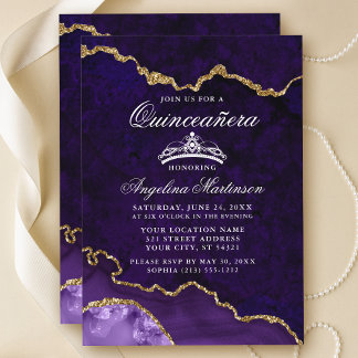 Quinceanera Lila Gold Marble Agate Geode Einladung