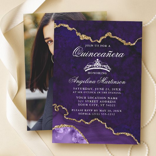 Quinceanera Lila Gold Marble Agate Geode Foto Einladung