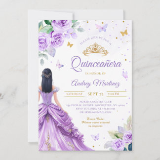 Quinceanera Lila Gold Rose Butterfly Princess Einladung