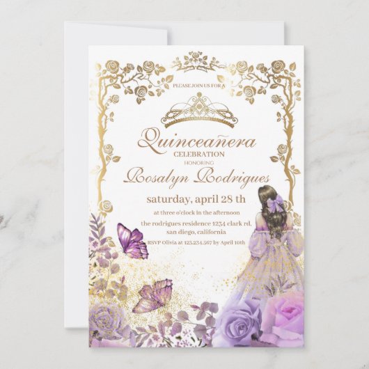 Quinceanera Lila Gold White Einladung (Vorderseite)