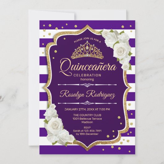 Quinceanera - Lila Gold White Einladung (Vorderseite)