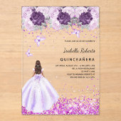Quinceanera lila Kleid rosa Blumen klar Acryleinladungen (Vorderseite)