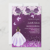 Quinceanera lila Kleid rosa Blumenmuster Einladung (Vorderseite)