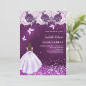 Quinceanera lila Kleid rosa Blumenmuster Einladung (Stehend Vorderseite)