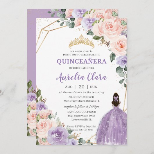 Quinceañera Lila Lavendel Blush Bloral Gold Einladung (Vorne/Hinten)