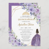 Quinceañera Lila Lavendel Floral Gold Prinzessin Einladung (Vorne/Hinten)