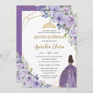 Quinceañera Lila Lavendel Floral Gold Prinzessin Einladung