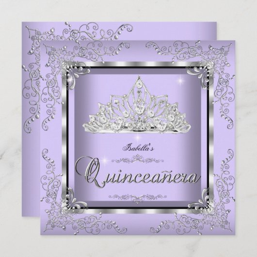 Quinceanera Lila Lavender Silver Diamond Tiara 3 Einladung (Vorne/Hinten)