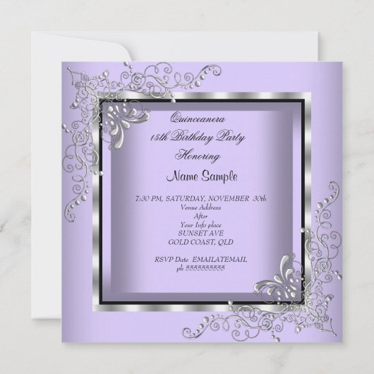 Quinceanera Lila Lavender Silver Diamond Tiara 4 Einladung (Rückseite)