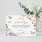 Quinceañera Lila Lilac Blush Floral Butterfliegen Dankeskarte (Stehend Vorderseite)