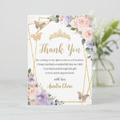 Quinceañera Lila Lilac Blush Floral Butterfliegen Dankeskarte (Stehend Vorderseite)