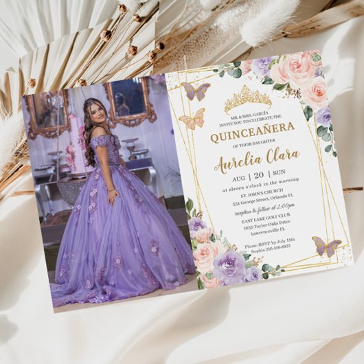 Quinceañera Lila Lilac Blush Floral Butterfliegen Einladung