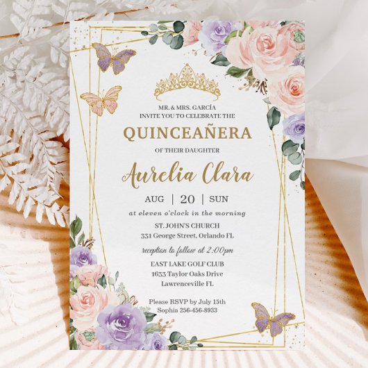 Quinceañera Lila Lilac Blush Floral Butterfliegen Einladung