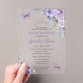 Quinceañera Lila Lilac Floral Butterfliegen Silver Acryleinladungen (Insitu (Handheld))
