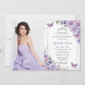 Quinceañera Lila Lilac Floral Butterfliegen Silver Einladung (Vorderseite)