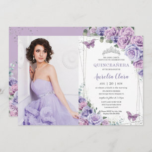 Quinceañera Lila Lilac Floral Butterfliegen Silver Einladung