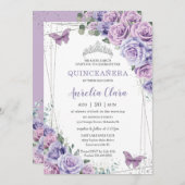Quinceañera Lila Lilac Floral Butterfliegen Silver Einladung (Vorne/Hinten)