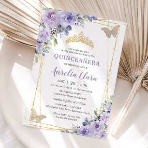 Quinceañera Lila Lilac Floral Butterflies Tiara Einladung