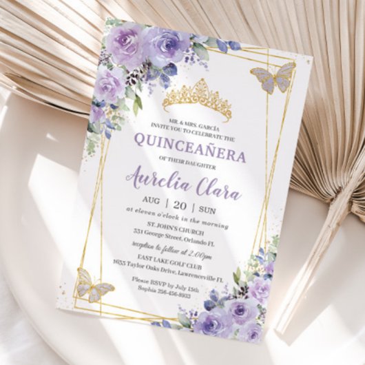 Quinceañera Lila Lilac Floral Butterflies Tiara Einladung