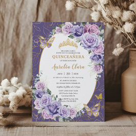 Quinceañera Lila Lilac Floral Gold Schmetterlinge Einladung