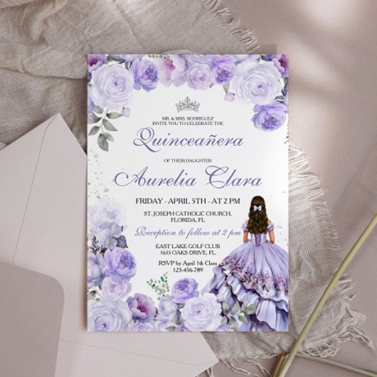 Quinceañera Lila Lilac Floral Princess Spanisch Einladung