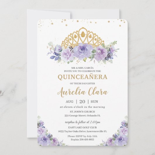 Quinceañera Lila Lilac Floral Princess Tiara Einladung (Vorderseite)