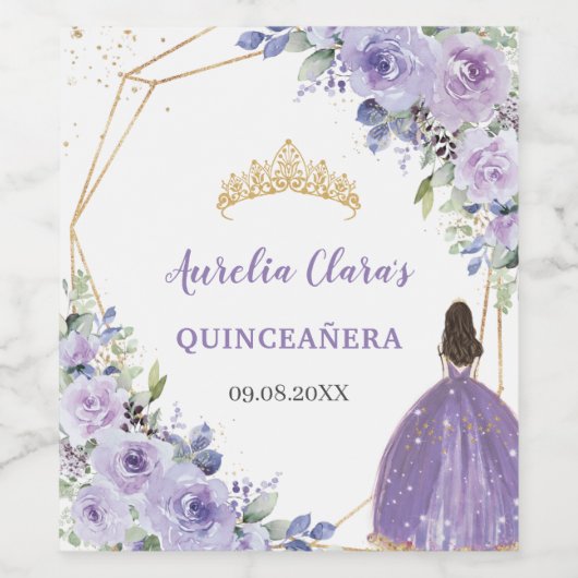 Quinceañera Lila Lilac Floral Prinzessin Gown Gold Weinetikett (Einzelnes Label)