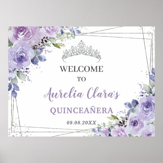 Quinceañera Lila Lilac Floral Silberschmetterlinge Poster (Vorne)