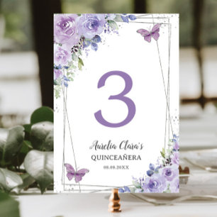 Quinceañera Lila Lilac Floral Silberschmetterlinge Tischnummer