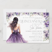 Quinceañera Lila Lilac Floral Silver Gown Einladung (Vorderseite)