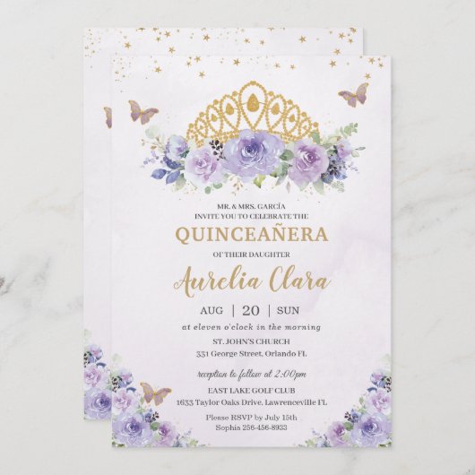Quinceañera Lila Lilac Floral Tiara Butterfliegen Einladung (Vorne/Hinten)