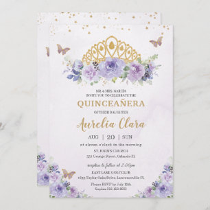 Quinceañera Lila Lilac Floral Tiara Butterfliegen Einladung