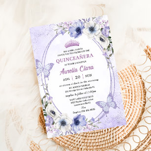 Quinceañera Lila Lilac Floral Tiara Butterfliegen Einladung