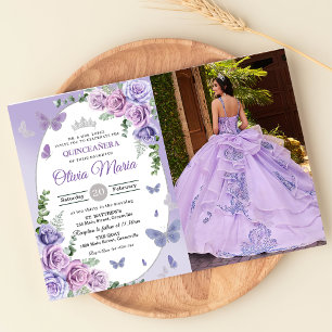 Quinceañera Lila Lilac Floral Tiara Butterfliegen Einladung