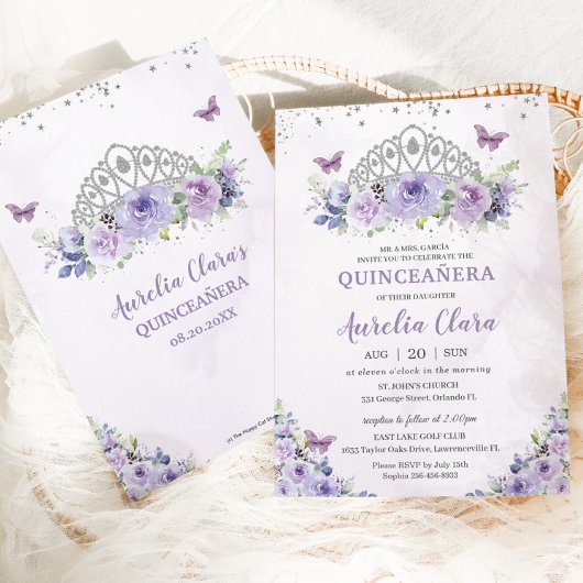Quinceañera Lila Lilac Floral Tiara Butterfliegen Einladung