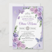 Quinceañera Lila Lilac Floral Tiara Butterfliegen Einladung (Vorderseite)