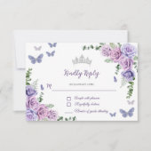 Quinceañera Lila Lilac Floral Tiara Butterfliegen RSVP Karte (Vorderseite)