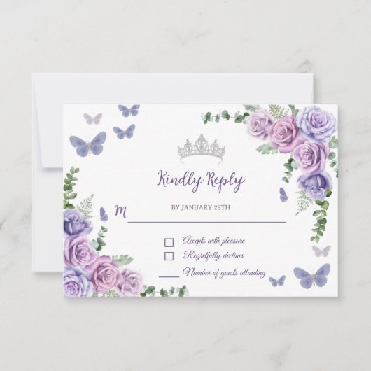 Quinceañera Lila Lilac Floral Tiara Butterfliegen RSVP Karte (Vorderseite)