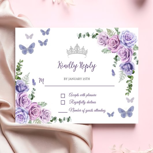 Quinceañera Lila Lilac Floral Tiara Butterfliegen RSVP Karte