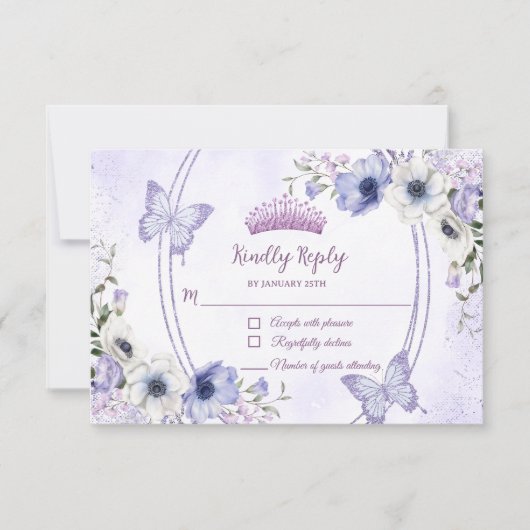Quinceañera Lila Lilac Floral Tiara Butterfliegen RSVP Karte (Vorderseite)