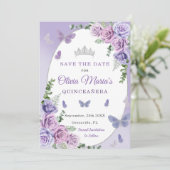 Quinceañera Lila Lilac Floral Tiara Butterfliegen Save The Date (Stehend Vorderseite)