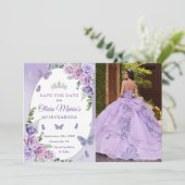 Quinceañera Lila Lilac Floral Tiara Butterfliegen Save The Date (Stehend Vorderseite)