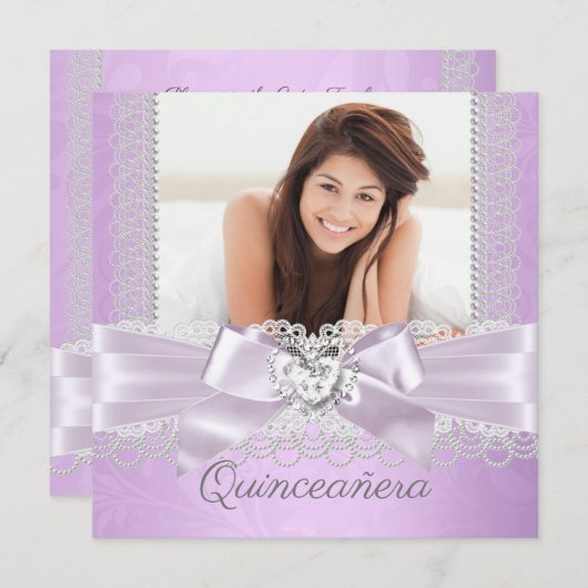 Quinceanera Lila Lilac Lace Damask Diamond Herz Einladung (Vorne/Hinten)