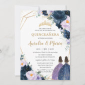 Quinceañera Lila Lilac Navy Blue Floral Twins Einladung (Vorderseite)