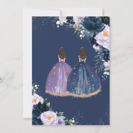 Quinceañera Lila Lilac Navy Blue Floral Twins Einladung (Rückseite)