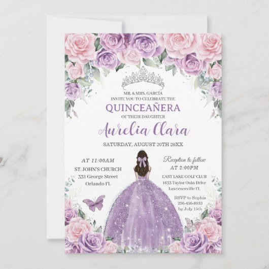 Quinceañera Lila Lilac Pale Pink Blütenprinzessin Einladung (Vorderseite)