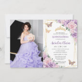 Quinceañera Lila Lilac Pink Flora Schmetterlinge Einladung (Vorderseite)
