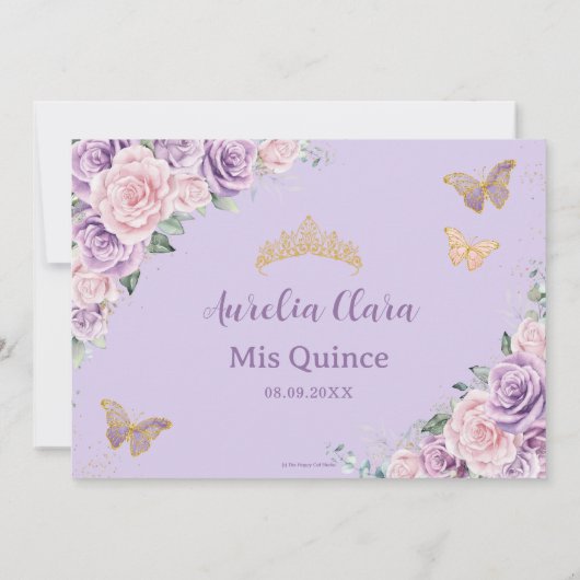 Quinceañera Lila Lilac Pink Flora Schmetterlinge Einladung (Rückseite)